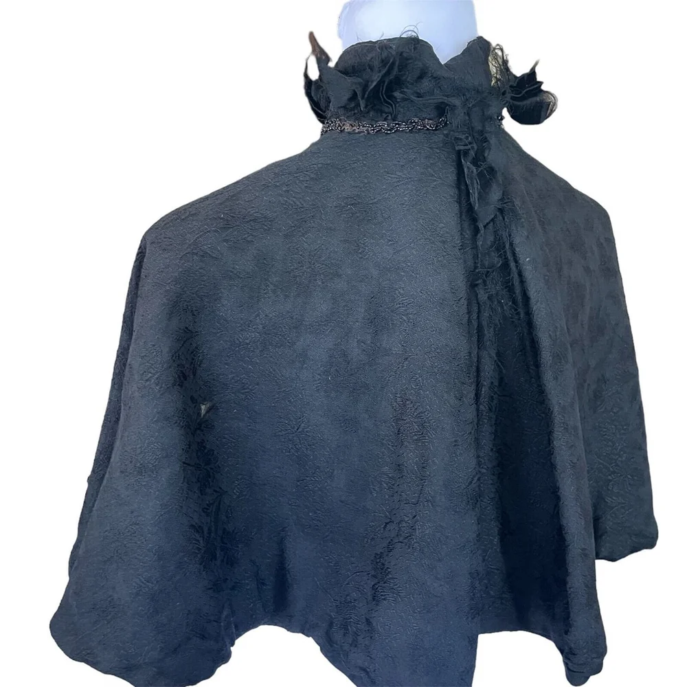 Victorian Edwardian Black Brocade Cape Feather Beaded